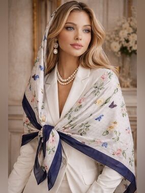 100% Silk Floral Scarf Elegant Luxury Wrap Shawl Soft Chic Vintage Style